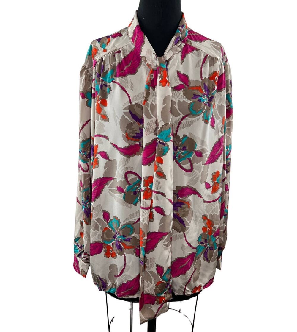 VTG Lady Winn by Teddi Beige Purple Floral Tie-Neck Long Sleeve Blouse Plus 24W